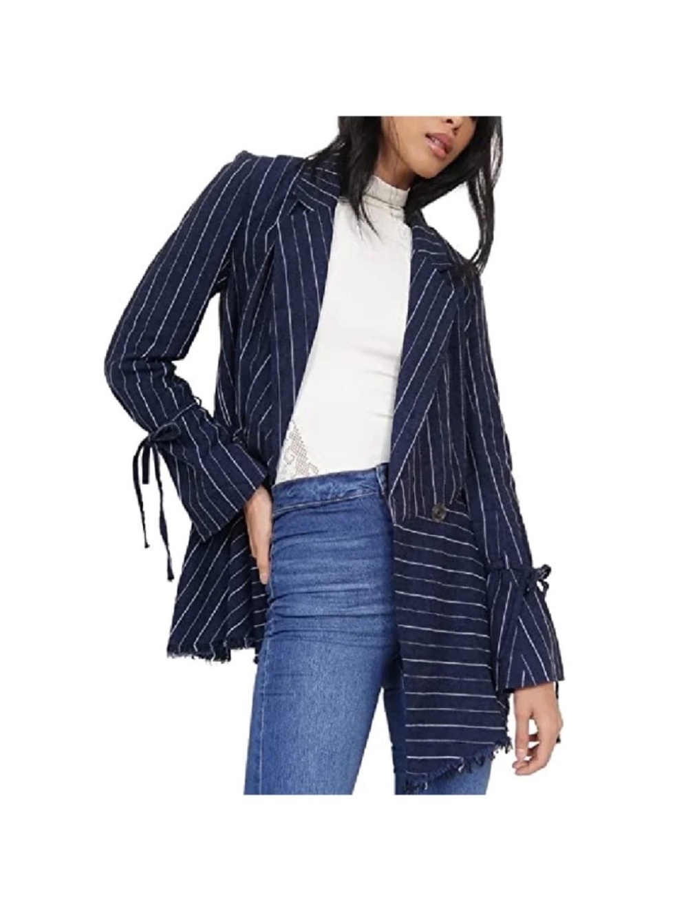 Free People Navy Pinstripe Open-Front Blazer with Tie Sleeves